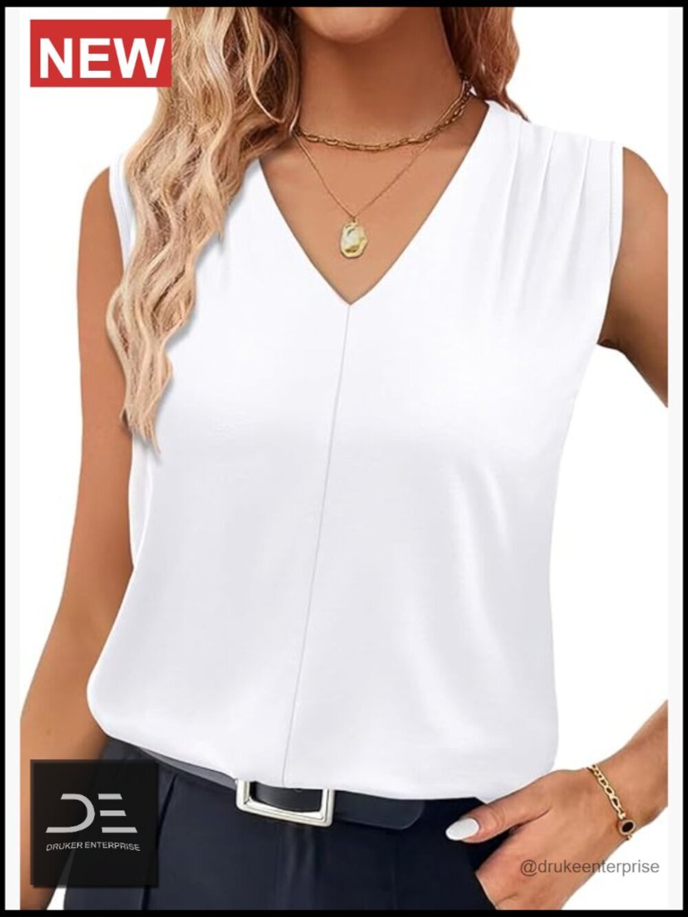 Women's Loose Fit Pleated V Neck Sleeveless Tank Top Blouses